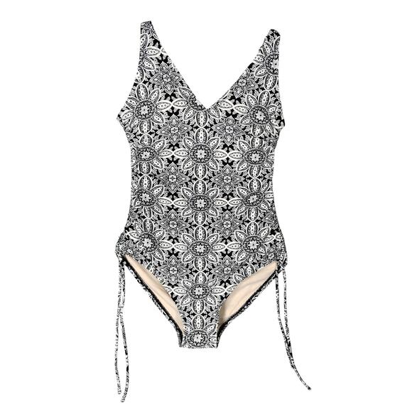 Kona Sol One Piece Bathing Suit Size Small Black and White Floral Paisley Print - Picture 1 of 5